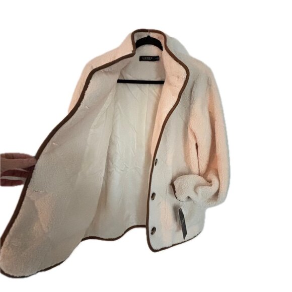 😊Ralph Lauren Sherpa Jacket Wm Sz M Cream Tan Trim Quilted Faux Shearling NEW - Picture 4 of 9